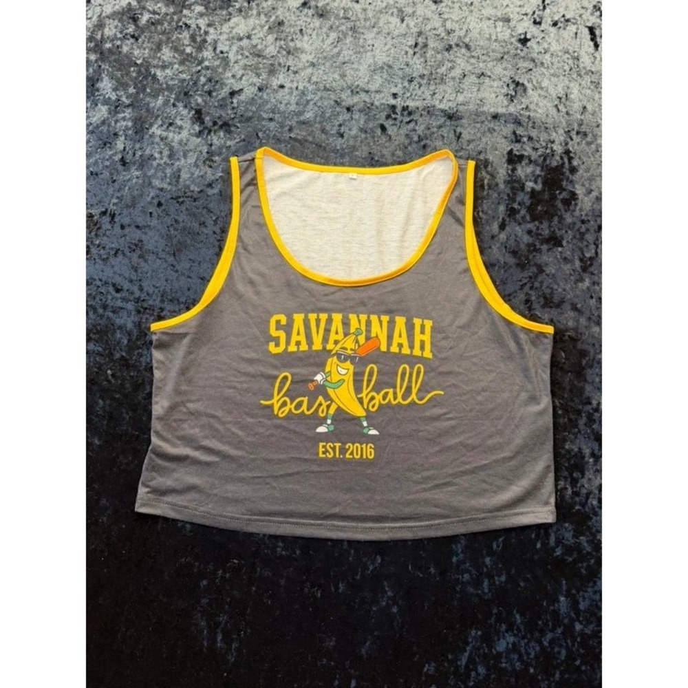 Savannah Baseball Banana Graphic Crop Tank Top Womens L Gray Yellow Stretch